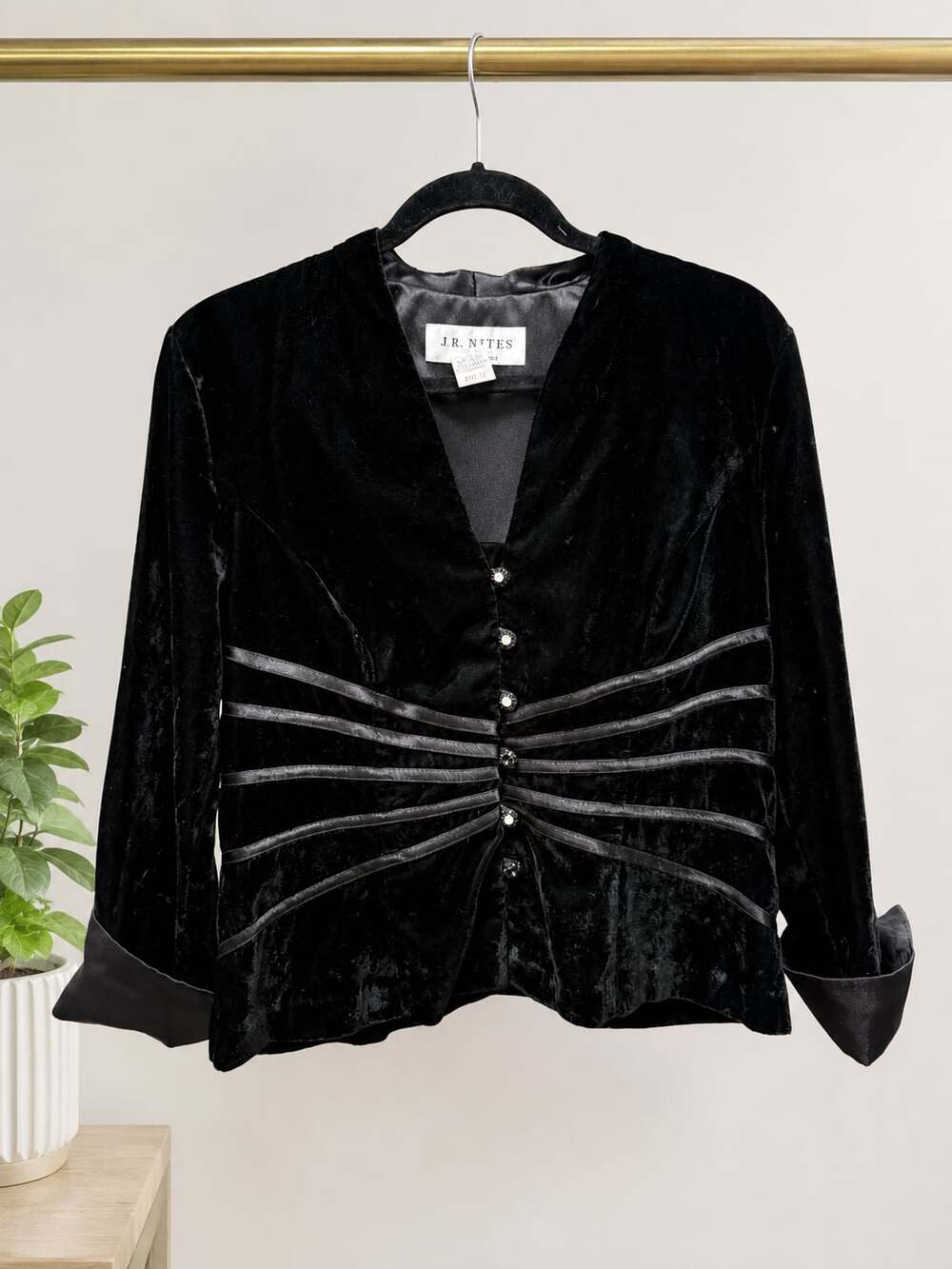 Vintage J.R. Nites Black Velvet Rhinestone Button Whimsigoth Jacket Blazer 12 - Picture 2 of 9
